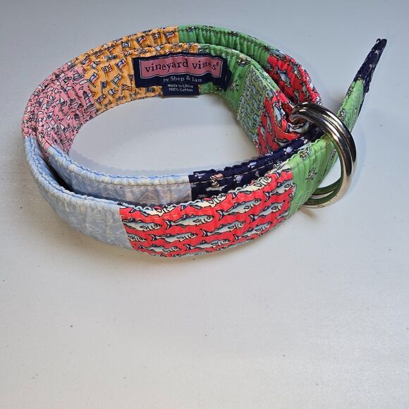 Vineyard Vines Fabric Patchwork D-Ring 100% Cotton Medium Belt - Picture 1 of 11